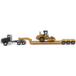 84425 Miniatura Caminhão Kenworth® T880 Preto 1:87 com Reboque Plataforma Baixa e Rolo Compactador Cat®